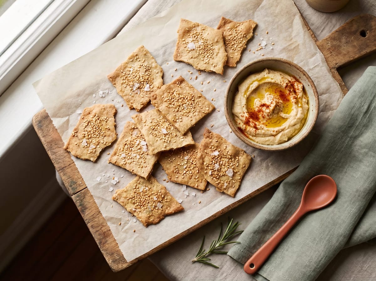 Rustic sesame sourdough crackers on parchment next to a bowl of hummus