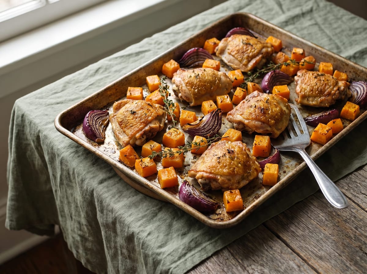 A sheet pan of golden roasted chicken thighs with butternut squash cubes, red onion, and thyme