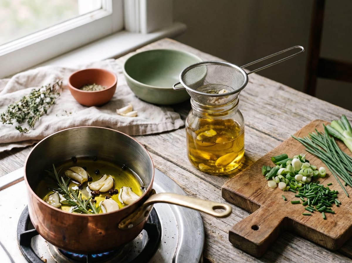 A saucepan of olive oil infusing with smashed garlic, a strainer, and a bottle of golden garlic oil beside chopped scallion greens