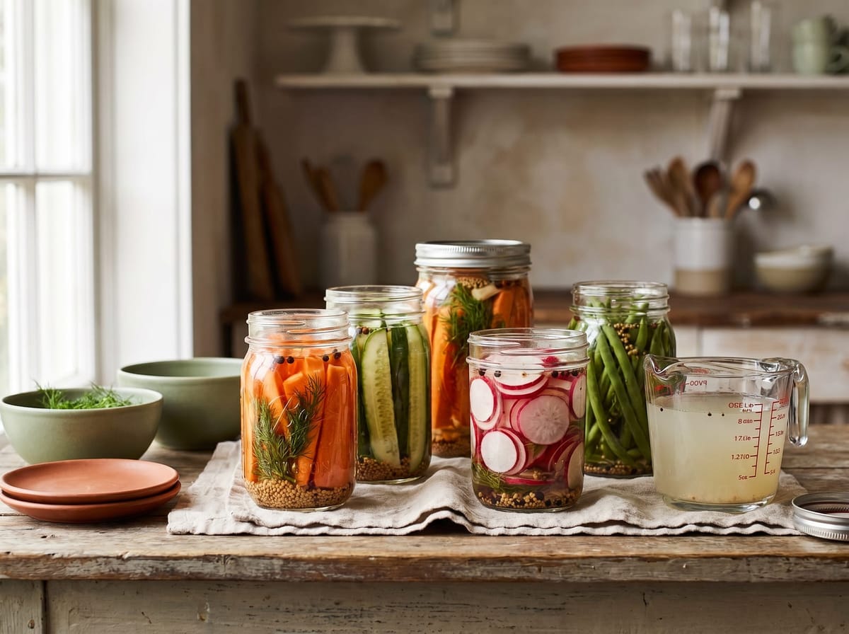 Jars of quick pickled carrots, cucumbers, radishes, and green beans with dill and a cup of brine